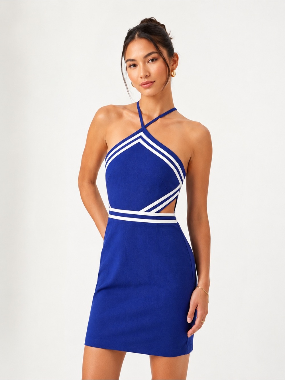 Trina Turk Womens Blue White Striped Linen Blend Dress 10 Cutout Waist NWT $268